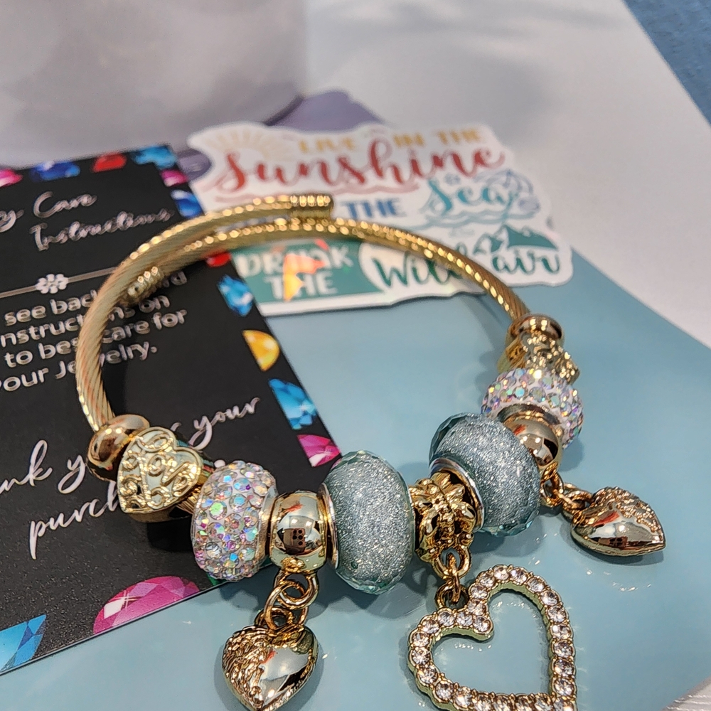 Baby Blue LOVE Gold Heart Charm Bracelet